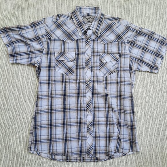 Wrangler Wrancher Plaid Shirt Men's Size XLT Pearl Snap Western Short Sleeve - Picture 2 of 7